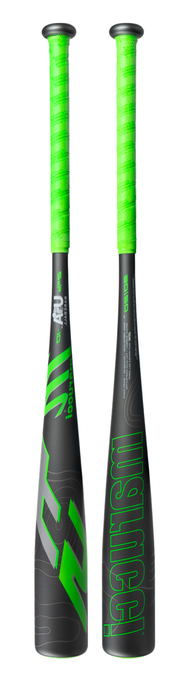 Two views of a Marucci baseball bat on a white background, showing the black and neon green barrel and the textured lime green handle grip.