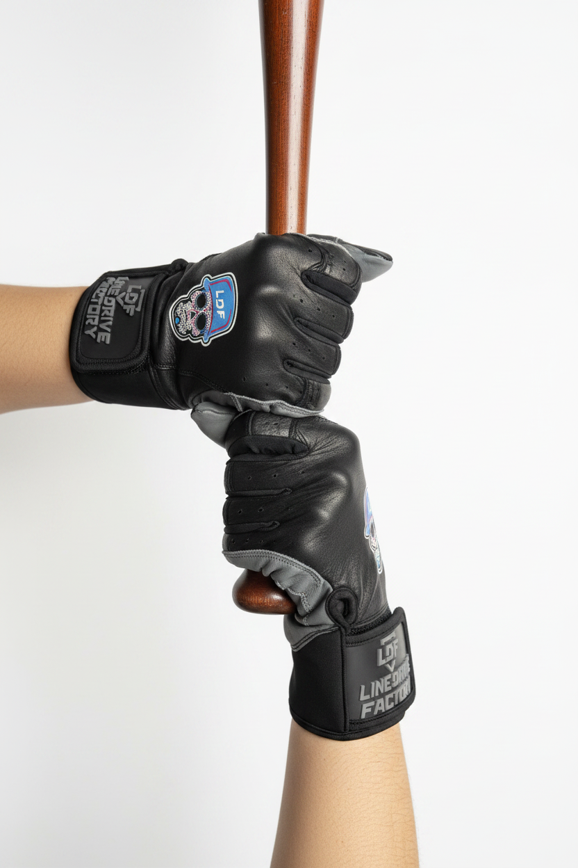 LDF Black Gloves Holding Bat Upright