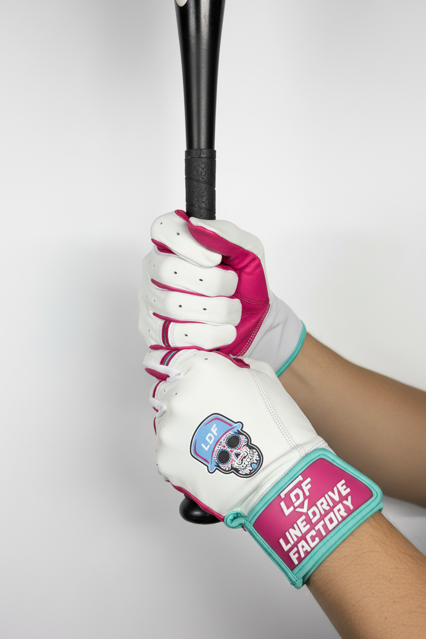 LDF Pink Gloves Holding Bat Upright